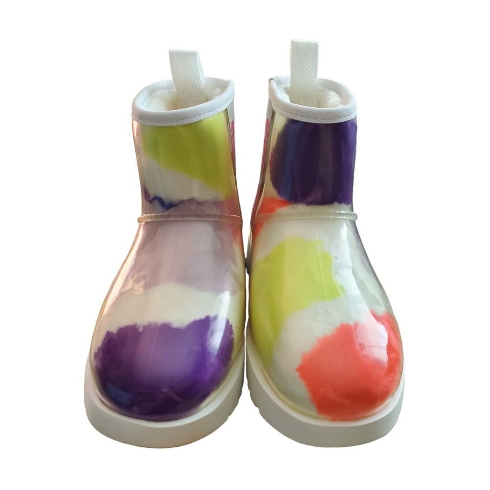 UGG WOMEN CLASSIC CLEAR MINI PARTY SPOTS BOOT WHITE WATERPROOF FUR LINING SIZE 6